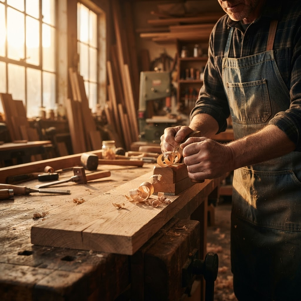 A woodworker hand-planing an oak board in a sunlit workshop